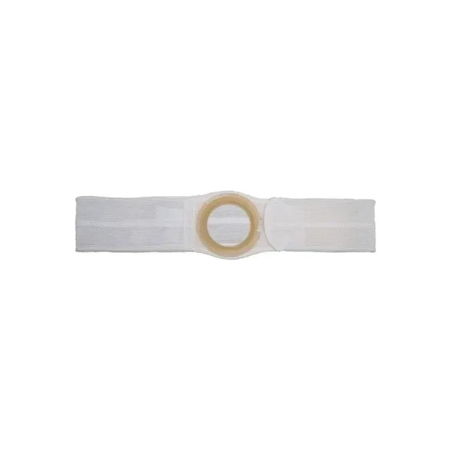 Ostomy support belt with circular opening and adjustable white elastic straps