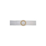 Medical ostomy belt with circular opening, white elastic support, isolated on white background