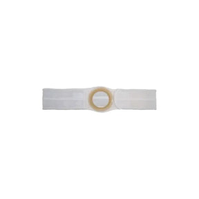 Medical ostomy belt with circular opening, white elastic support, isolated on white background