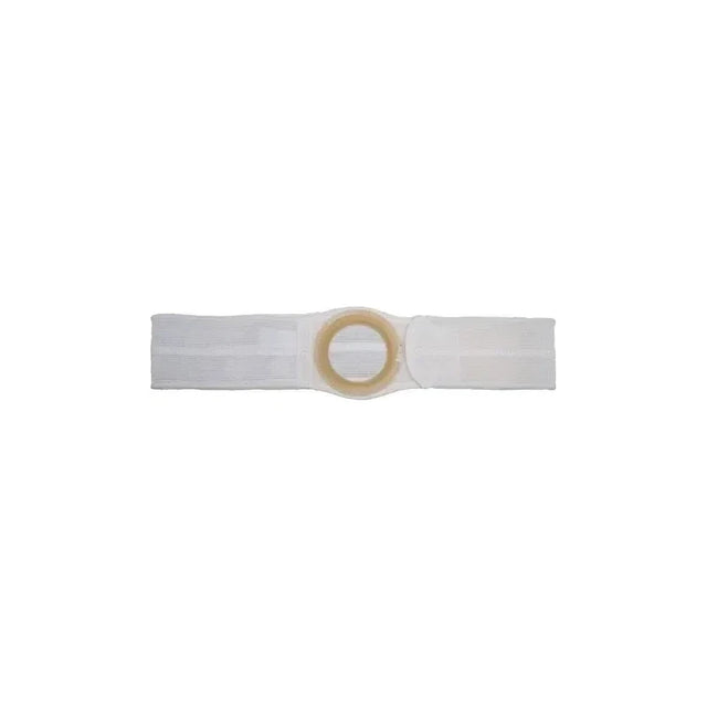 Medical ostomy belt with circular opening, white elastic support, isolated on white background