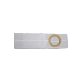 White elastic ostomy support belt with beige circular ring for medical use