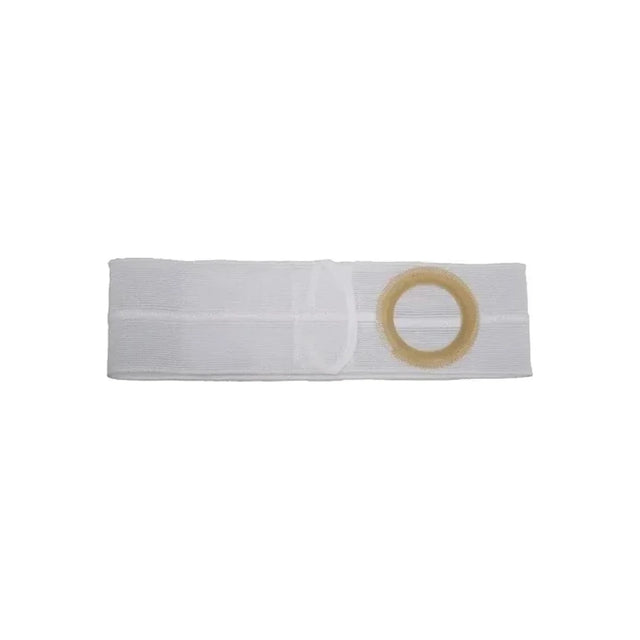 White elastic ostomy support belt with beige circular ring for medical use