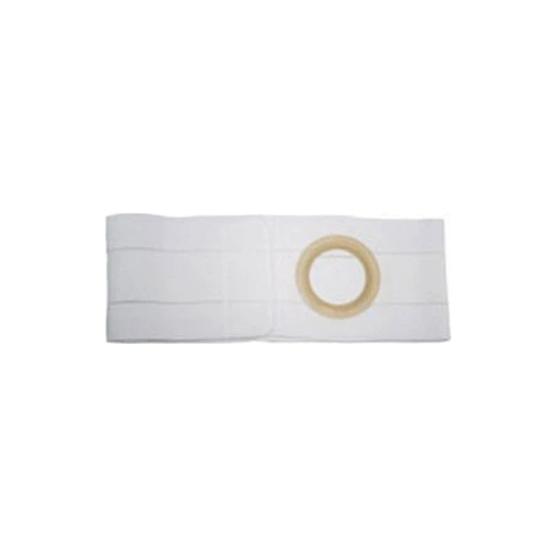 White medical ostomy support belt with circular opening, designed for stoma care