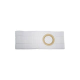White medical ostomy support belt with circular opening, designed for stoma care