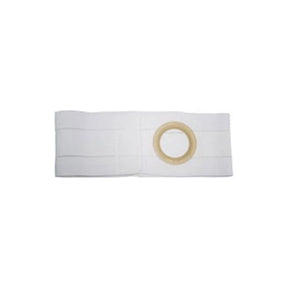 White medical ostomy support belt with circular opening, designed for stoma care