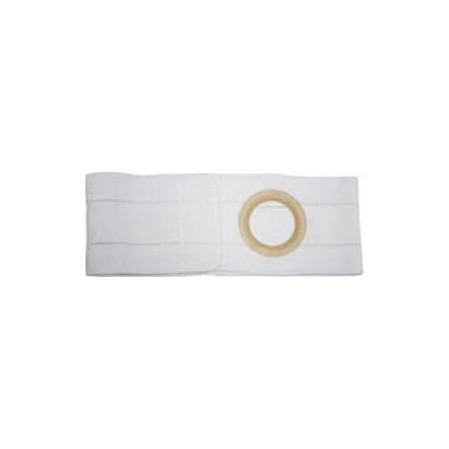White medical ostomy support belt with circular opening, designed for stoma care