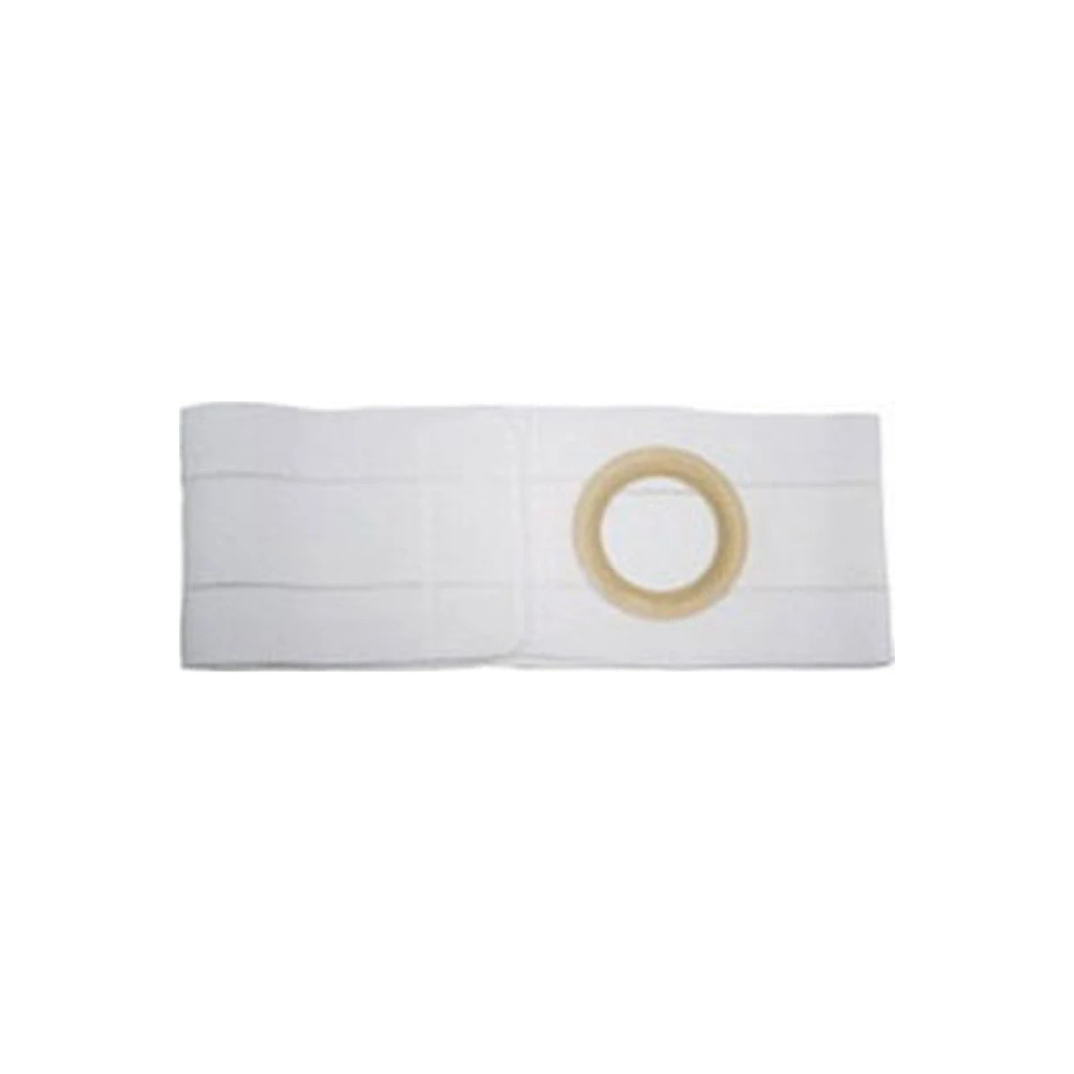 White ostomy belt with round opening for medical stoma care on plain background
