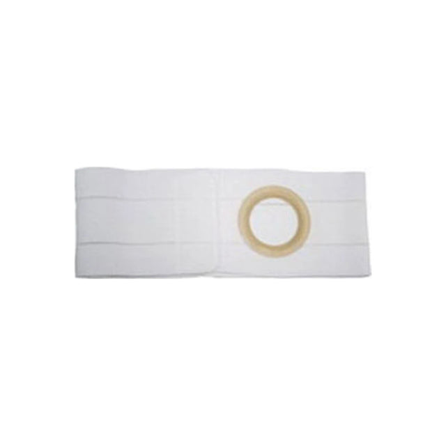 White ostomy belt with round opening for medical stoma care on plain background