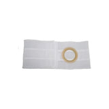 White ostomy belt with round opening for medical ostomy pouch support