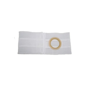 White ostomy belt with round opening for medical ostomy pouch support