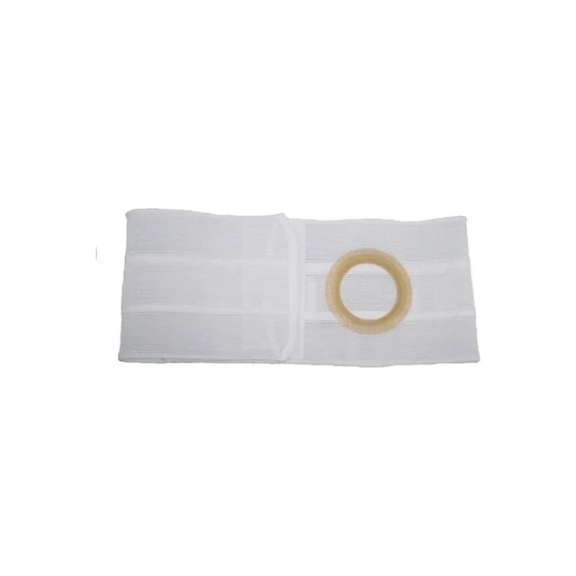 White ostomy belt with round opening for medical ostomy pouch support