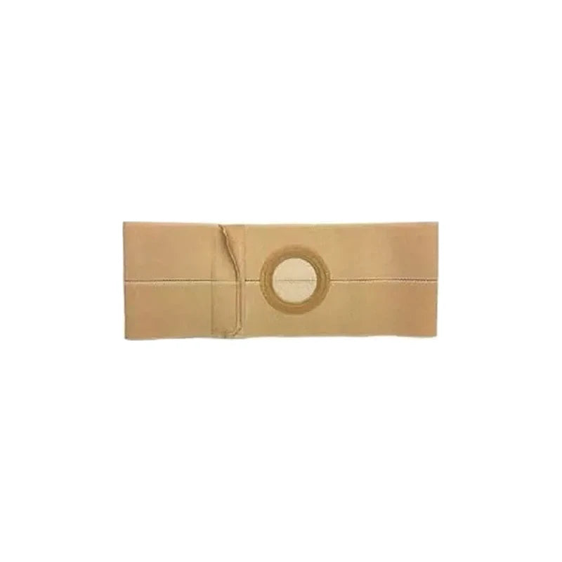 Beige ostomy belt with central circular opening for ostomy pouch support and comfort.