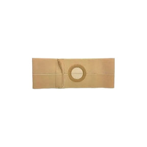 Beige ostomy belt with central circular opening for ostomy pouch support and comfort.