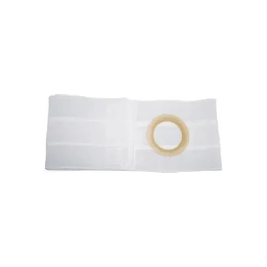 White ostomy support belt with circular opening for medical appliance attachment
