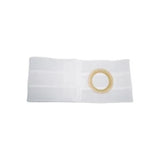 White ostomy support belt with circular opening for medical appliance attachment