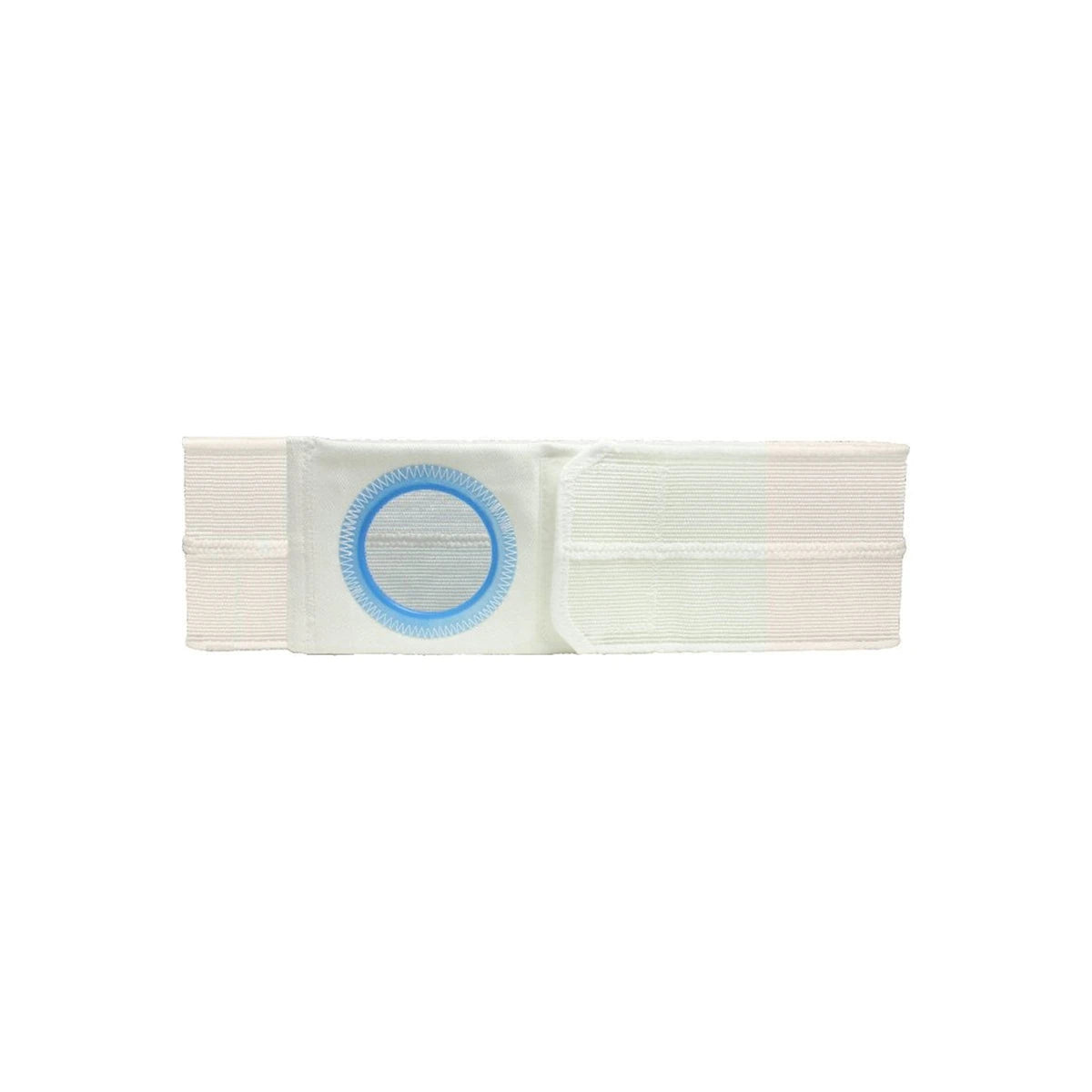 White ostomy support belt with blue circular opening for medical use, isolated on white background.