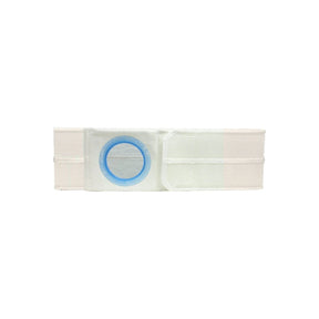 White ostomy support belt with blue circular opening for medical use, isolated on white background.