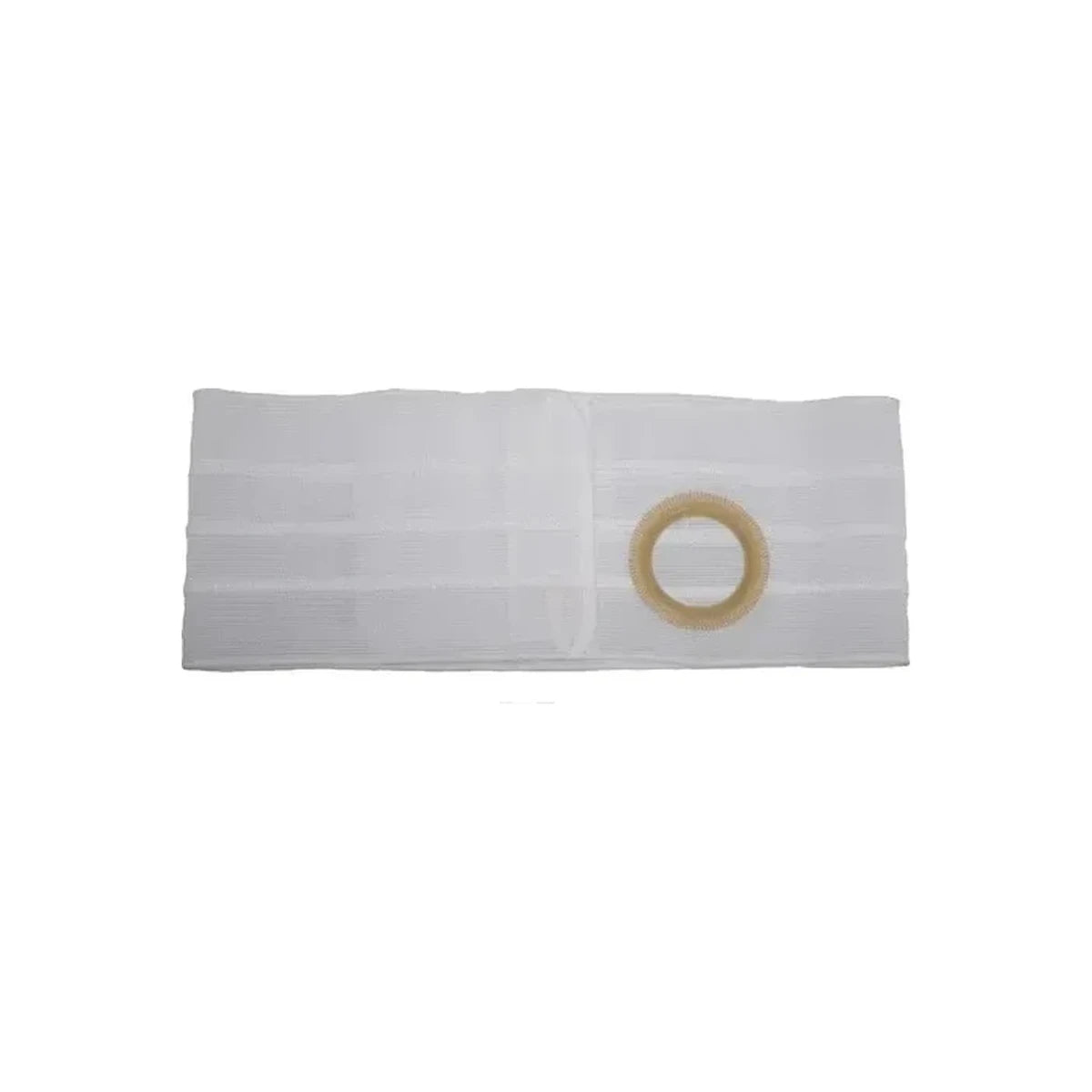 White ostomy support belt with circular opening for medical stoma care