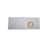 White ostomy support belt with circular opening for medical stoma care