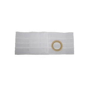 White ostomy support belt with circular opening for medical stoma care