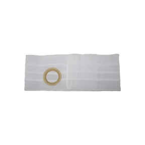 White ostomy belt with circular opening for stoma support, medical supply product