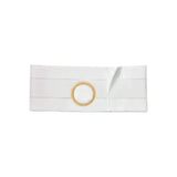 White ostomy belt with circular stoma opening on plain background