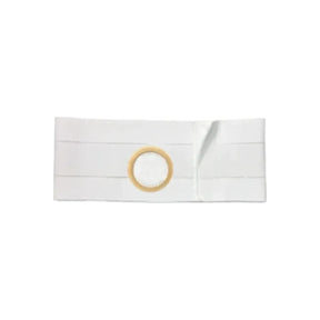 White ostomy belt with circular stoma opening on plain background