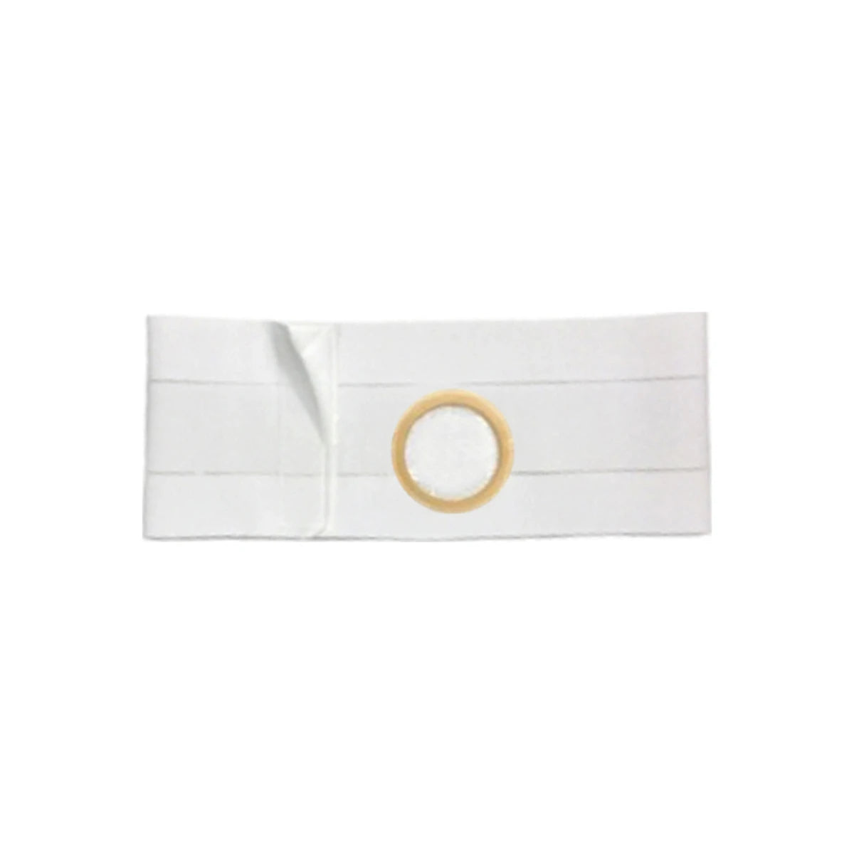 White ostomy belt with circular opening for medical stoma support