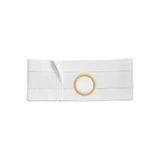 White ostomy belt with circular opening for medical stoma support
