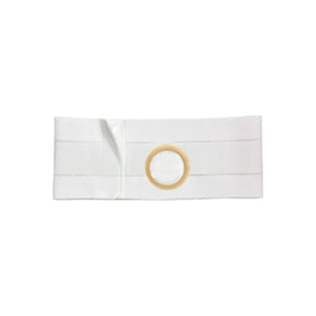 White ostomy belt with circular opening for medical stoma support