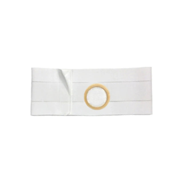 White ostomy belt with circular opening for medical stoma support