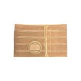 Beige medical ostomy support belt with round stoma opening on white background.