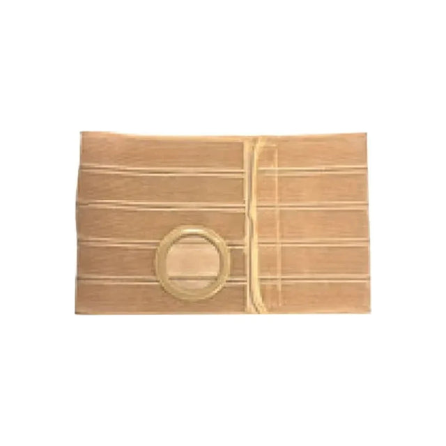 Beige medical ostomy support belt with round stoma opening on white background.