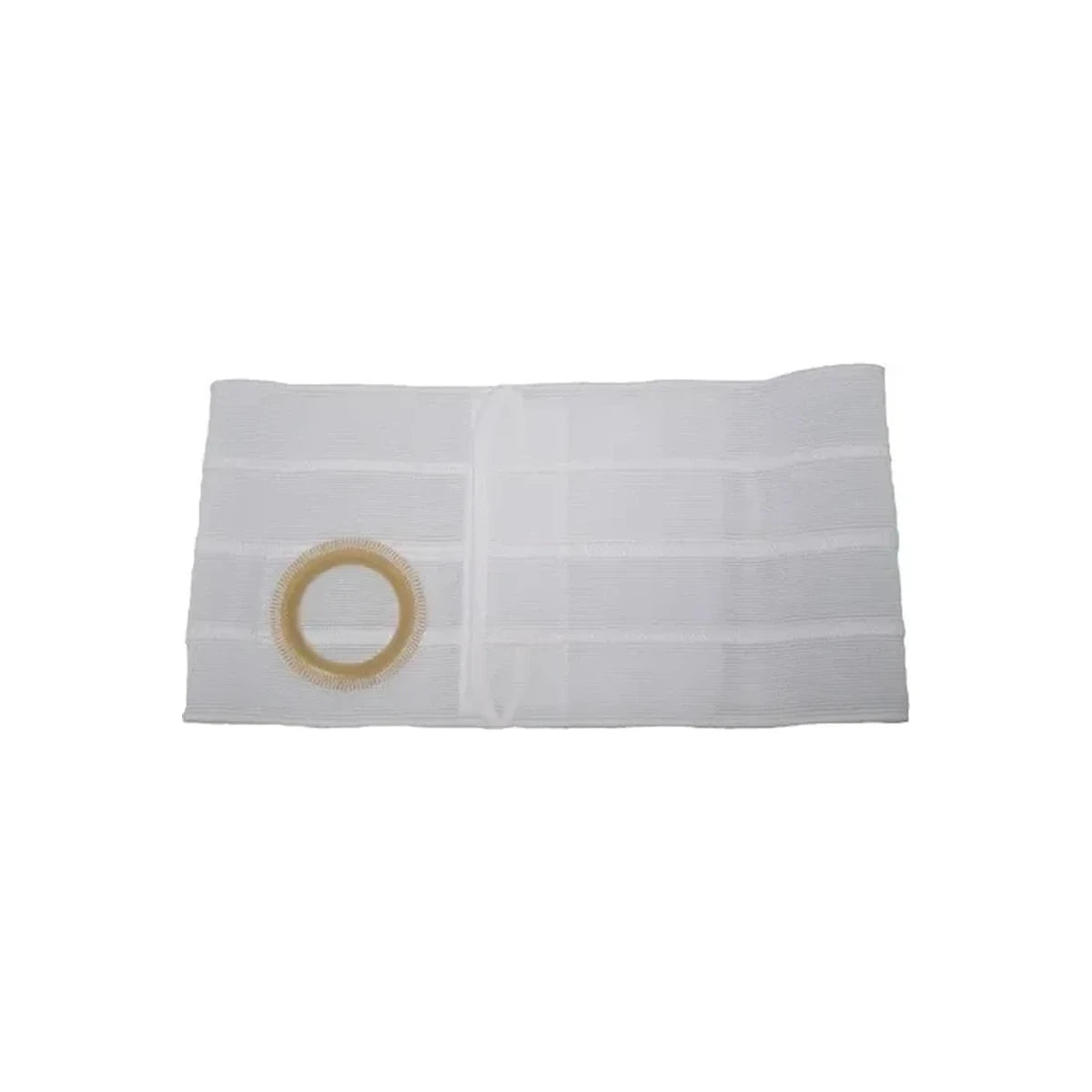 White medical ostomy support belt with round beige opening, flat on white background