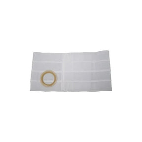 White ostomy support belt with circular stoma opening, medical accessory for support
