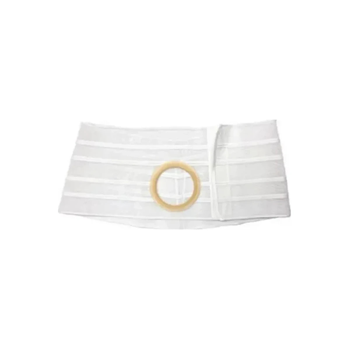 White ostomy support belt with adjustable closure and round opening for medical use