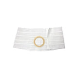 White ostomy support belt with adjustable closure and round opening for medical use