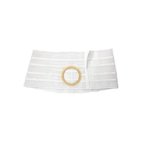 White ostomy support belt with adjustable closure and round opening for medical use