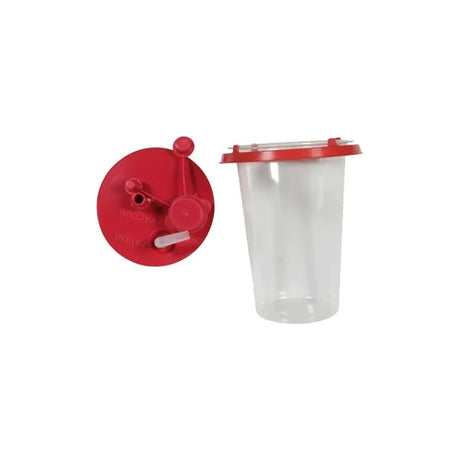 Medical suction canister with red lid for hospital or home healthcare use