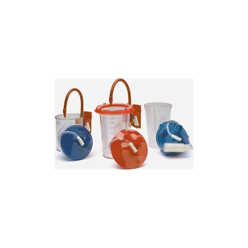 Medical suction canisters with red and blue lids for fluid collection and disposal