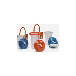 Medical suction canisters with red and blue lids for fluid collection and disposal
