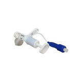 Medical tracheostomy tube with blue cap and white securement on white background