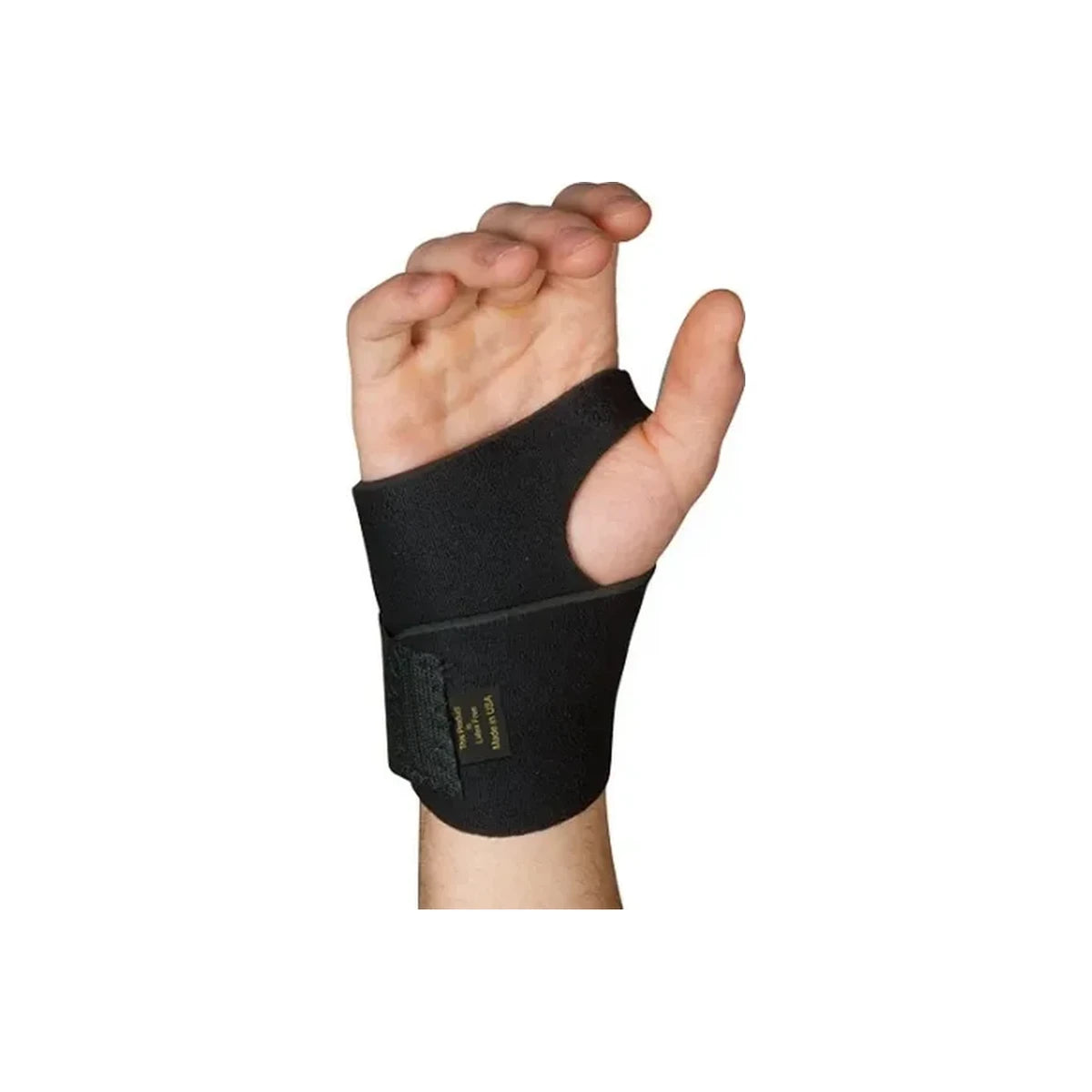 Person wearing a black wrist support brace for pain relief and wrist stabilization