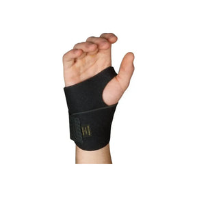 Person wearing a black wrist support brace for pain relief and wrist stabilization