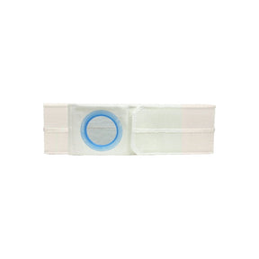 Elastic ostomy belt with blue ring support for medical use, shown on white background