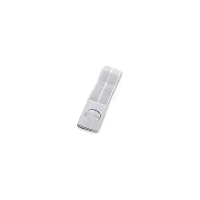 Adjustable gray ostomy support belt with circular opening on white background