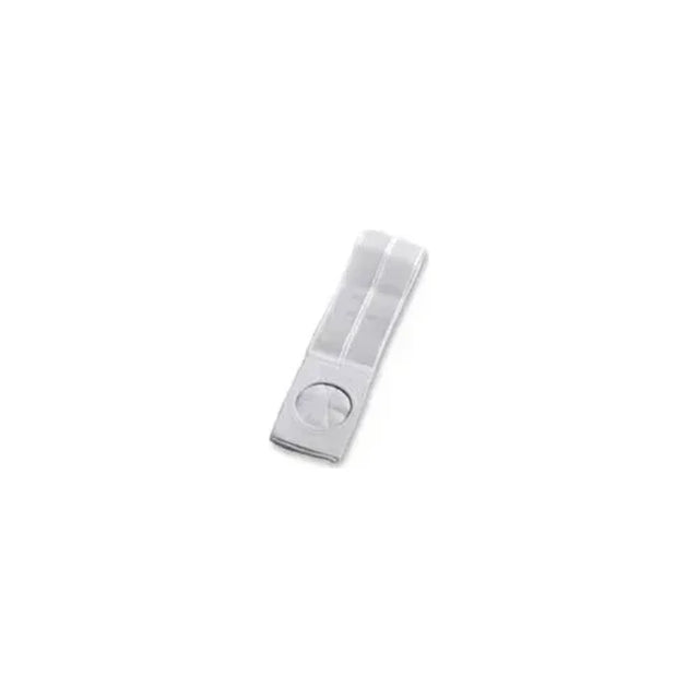Adjustable gray ostomy support belt with circular opening on white background