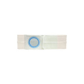 White medical ostomy belt with blue ring, adjustable elastic support for stoma care