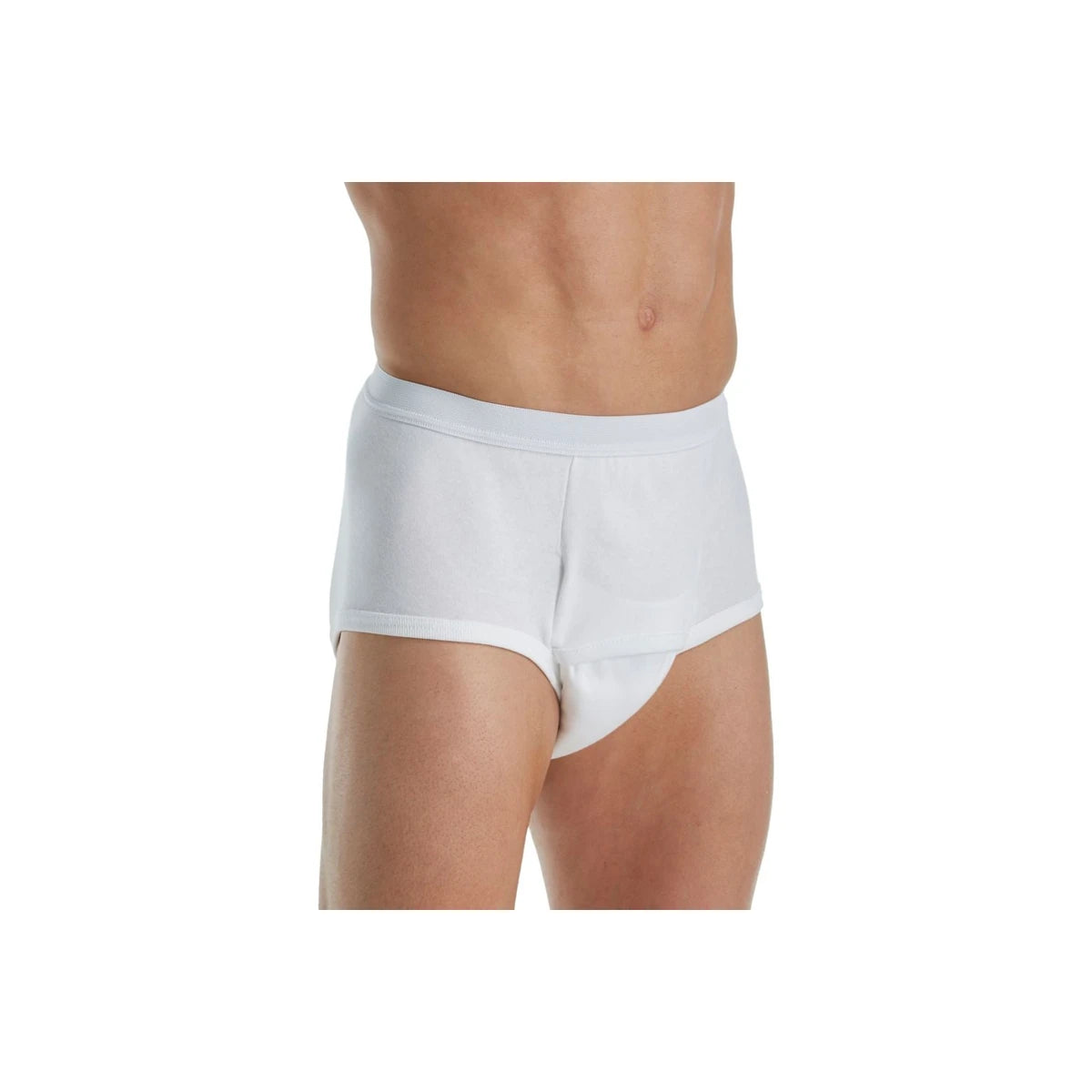 Male model wearing white incontinence briefs for adults, front view on plain background