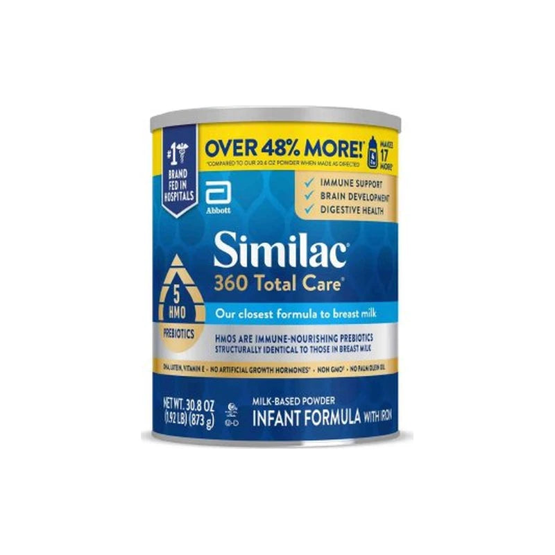 Similac 360 Total Care infant formula powder can, milk-based with iron, 30.8 oz.